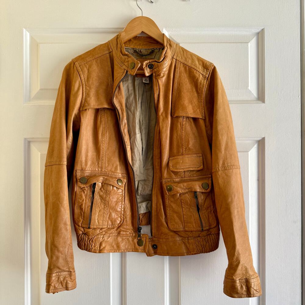 Vintage Banana Republic Genuine‎ Leather Tan Bomber Moto Jacket Size Medium Soft